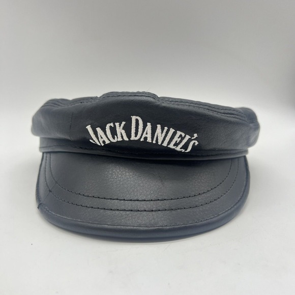 Embroidered Jack Daniels Black Leather Biker Hat‎ Cap Rare 2003 Vintage